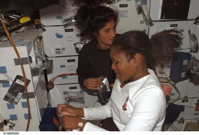 NASA image: STS-116 MS Higginbotham and Williams prepare meal in the MDDK on Space Shuttle Discovery