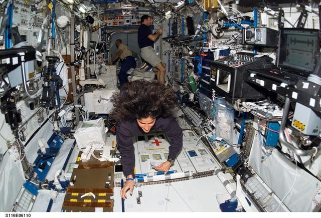 NASA image: STS-116 and Expedition 14 crewmembers working in the U.S. Laboratory during Joint Operations