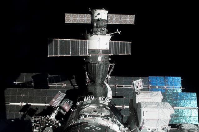 NASA image: Soyuz 13 Spacecraft and Progress 22 Resupply Vehicle docked to the ISS during Joint Operations