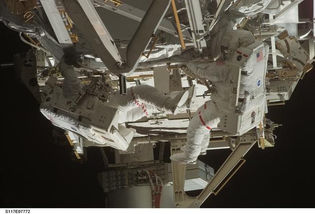 NASA image: Forrester and Swanson working on the S3 Truss during EVA 4
