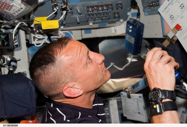 NASA image: View of Hobaugh working in the FD during STS-118