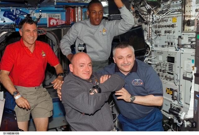 NASA image: View of STS-118 / Expedition 15 Crewmembers in the U.S. Laboratory
