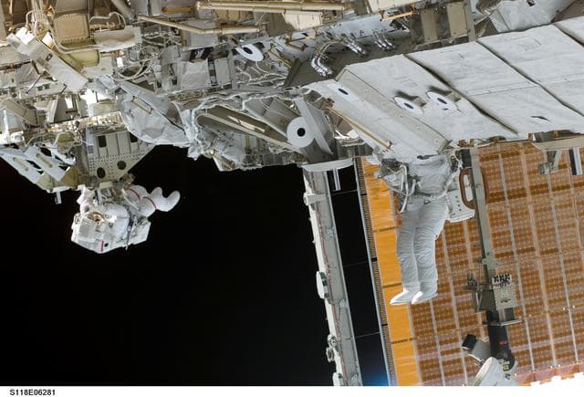 NASA image: View of Mastracchio and Williams on EVA 1 during STS-118/Expedition 15 Joint Operations