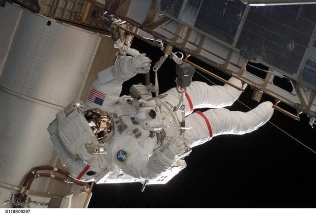 NASA image: View of Mastracchio on EVA 1 during STS-118/Expedition 15 Joint Operations