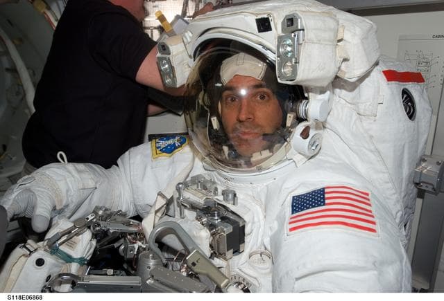 View of Mastracchio after a session of EVA in the A/L during STS-118/Expedition 15 Joint Operations