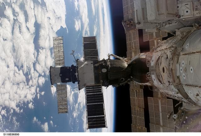 NASA image: View of docked Soyuz and Progress Spacecraft taken during STS-118