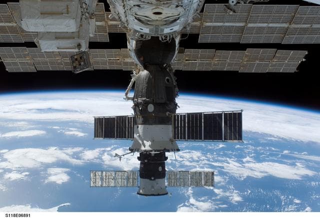 NASA image: View of docked Soyuz and Progress Spacecraft taken during STS-118