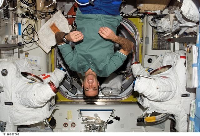 NASA image: View of MS Mastracchio posing with two EMUs in the A/L during STS-118