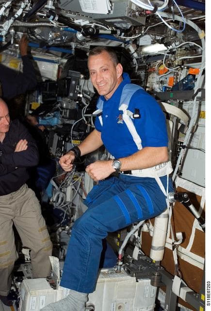 NASA image: View of Hobaugh exercising on the CEVIS during STS-118/Expedition 15 Joint Operations