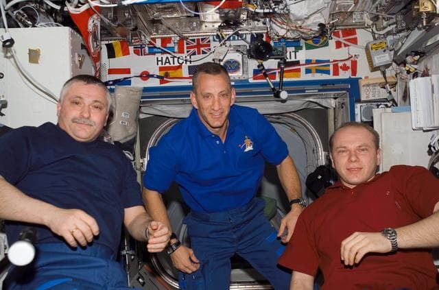 NASA image: View of Crewmember posing for a photo in the US Lab during STS-118/Expedition 15 Joint Operations