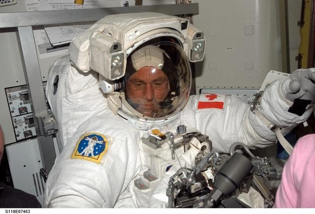 NASA image: Williams in his EMU before a session of EVA during STS-118/Expedition 15 Joint Operations