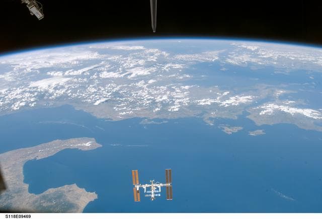 NASA image: Exterior view of the ISS taken during the STS-118 Mission