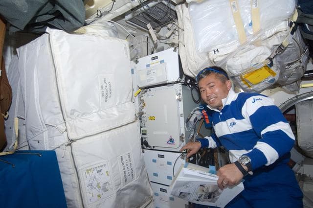 NASA image: Wakata near General Laboratory Active Cryogenic ISS (Glacier) rack on Middeck (MDDK)
