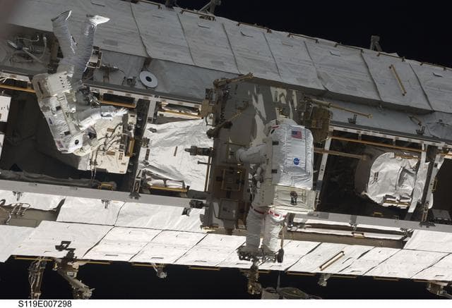 NASA image: STS-119 Extravehicular Activity (EVA) 3 Crew and Equipment Translation Aid (CETA) Cart 2 Relocate OPS