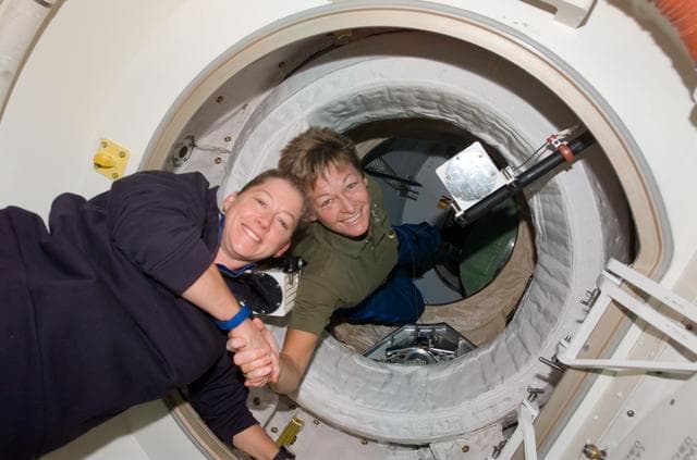 NASA image: Whitson greets Melroy after docking