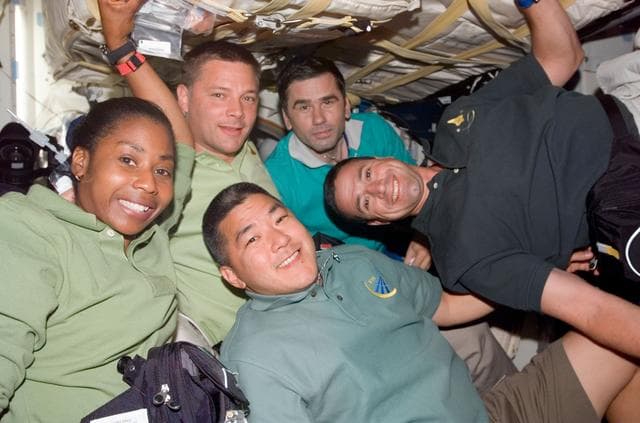 NASA image: STS-120 crew and Expedition 16 Malenchenko on middeck