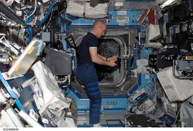 NASA image: Williams with camera flash in the U.S. Lab during STS-121 / Expedition 13 joint operations