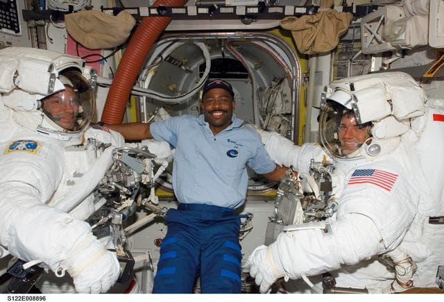 NASA image: Love, Melvin and Walheim in the A/L prior to EVA 3