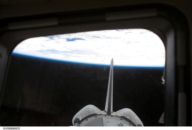 NASA image: Vertical Stabilizer and OMS pods from the aft FD window during STS-123 mission