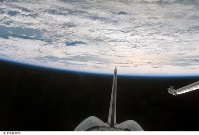 NASA image: Vertical Stabilizer and OMS pods from the aft FD window during STS-123 mission