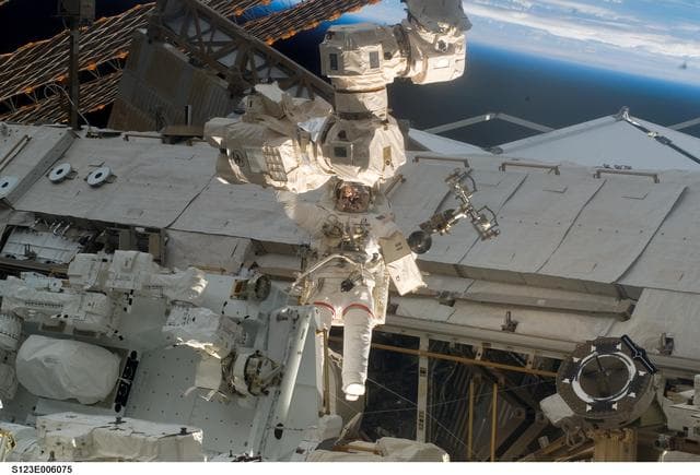 NASA image: First EVA during STS-123 / Expedition 16 Joint Operations