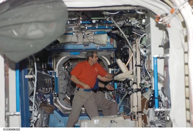 NASA image: Eyharts works in the U.S. Laboratory during STS-123 / Expedition 16 Joint Operations