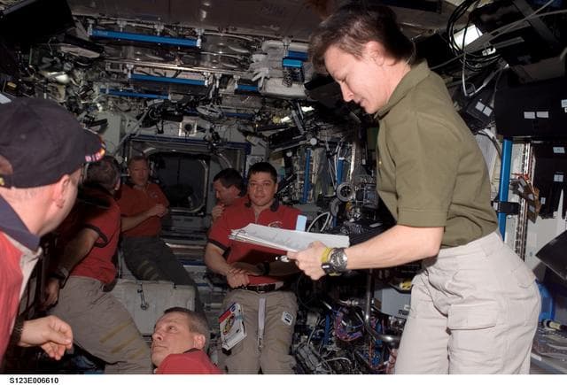 NASA image: Expedition 16 and STS-123 Crewmembers in the U.S. Laboratory during Joint Operations