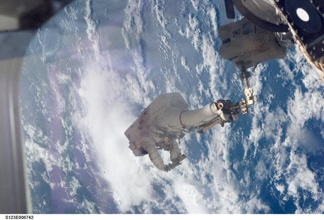 NASA image: Linnehan anchored to a Canadarrm2 mobile foot restraint during Expedition 16 / STS-123 Joint Operations