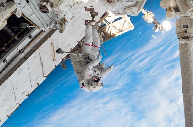NASA image: Linnehan and Foreman on EVA 2 - during Expedition 16 / STS-123 Joint Operations