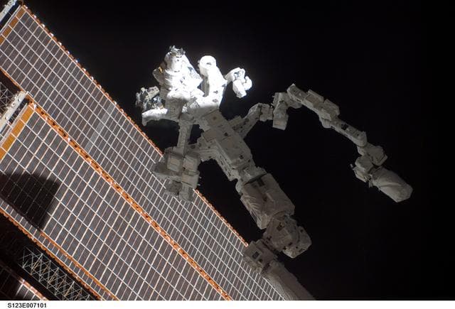 NASA image: Dextre and SAWs during Expedition 16 / STS-123 Joint Operations