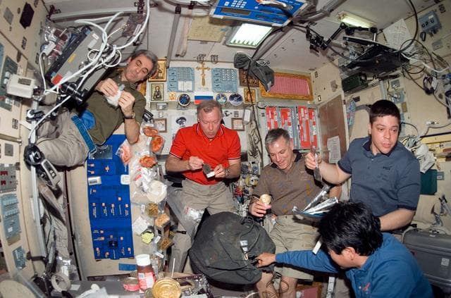 NASA image: STS-123 and Expedition 16 crewmembers eating in the SM during Joint Operations