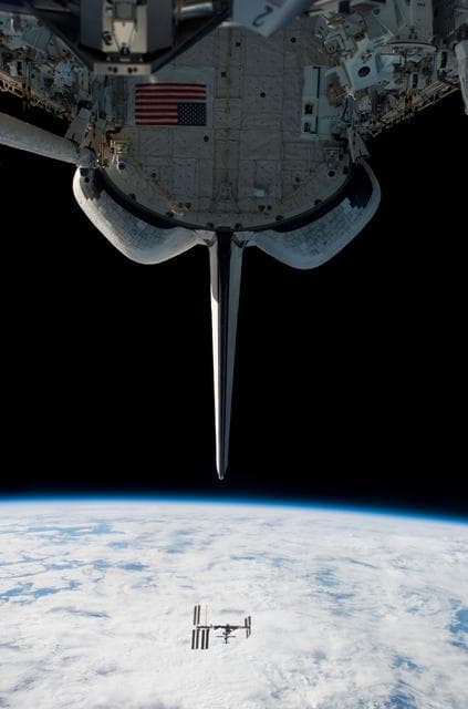 NASA image: Zenith view of the ISS during departure of STS-123 Space Shuttle Endeavour
