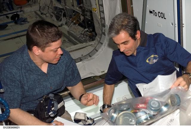 NASA image: Behnken and Eyharts look through crew procedures in the Node 2 during Joint Operations