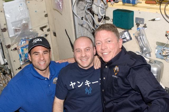 NASA image: Chamitoff, Reisman and Fossum in SM