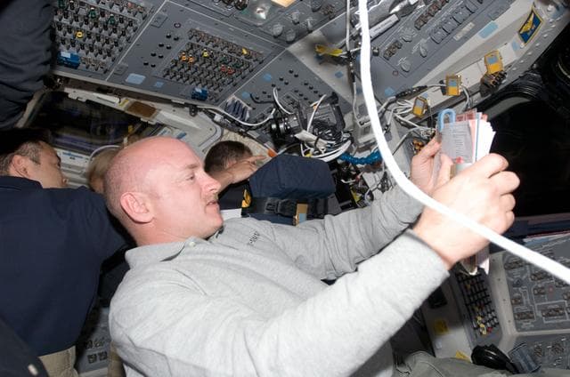 NASA image: Kelly on flight deck during undocking and flyaround