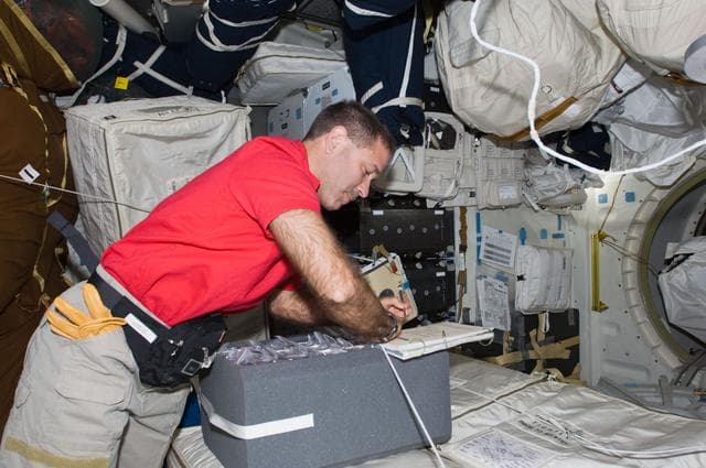 NASA image: Grunsfeld in the Shuttle Atlantis Middeck