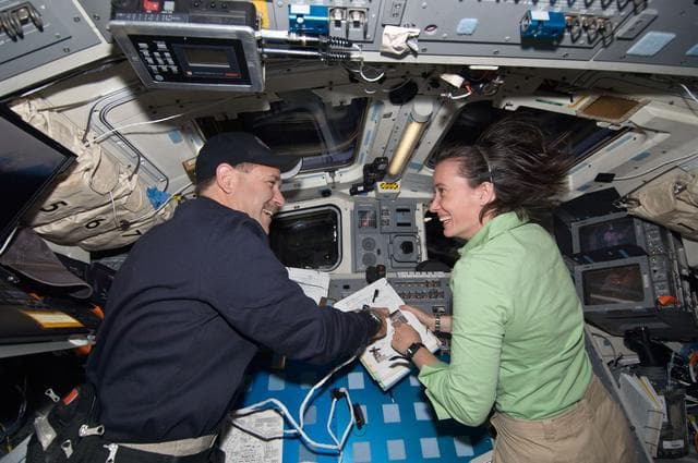 NASA image: View of STS-125 Crew Members on the Atlantis Flight Deck during Flight Day 7