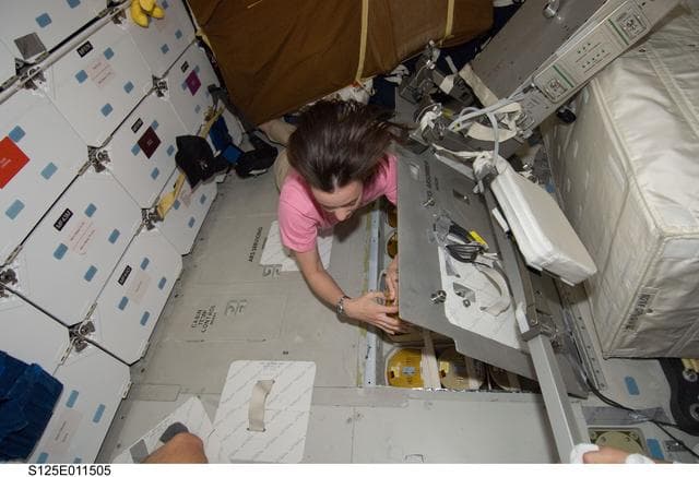 NASA image: STS-125 MS2 McArthur works with the LiOH Cannisters on the Middeck