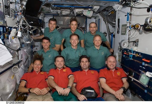 NASA image: STS-126 and Expedition 18 Crewmembers In-Flight Portrait in Node 2