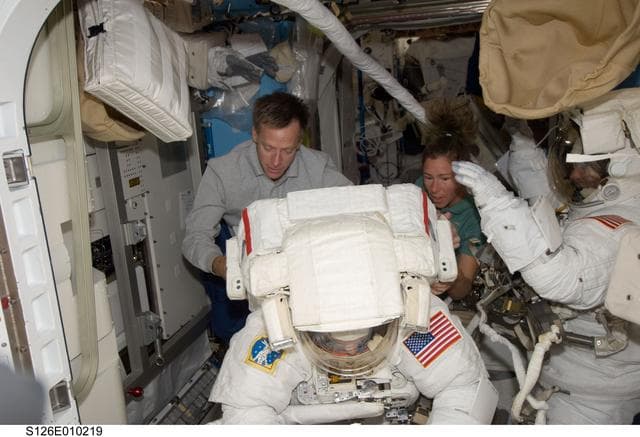 NASA image: Ferguson, Kimbrough, Magnus and Bowen in A/L prior to EVA 4
