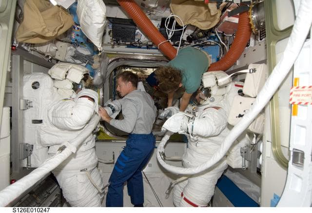 NASA image: Bowen, Ferguson, Magnus and Kimbrough in A/L following EVA 4