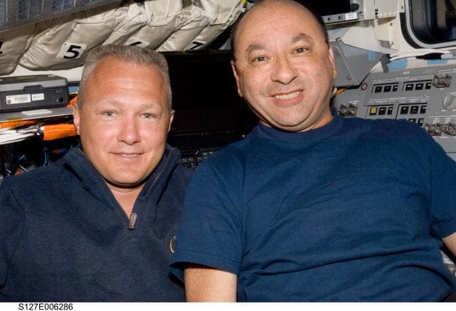 NASA image: Hurley and Polansky in the aft FD on the Space Shuttle Endeavour during the STS-127 Mission