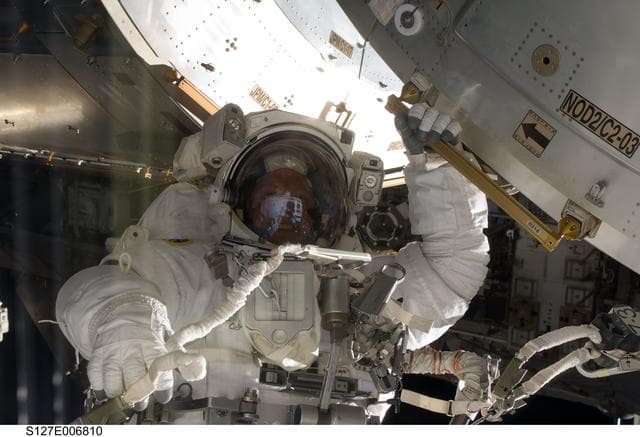 NASA image: Kopra in Endeavours Payload Cargo Bay during EVA-1 on STS-127 / Expedition 20 Joint Operations