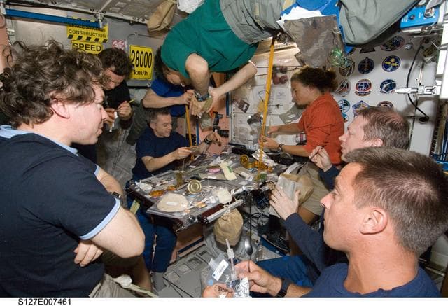 NASA image: STS-127 / Expedition 20 Crewmembers eating in the Node 1 during Joint Operations