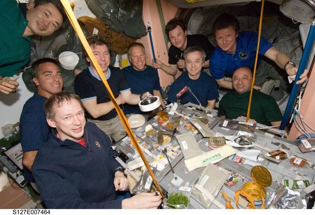 NASA image: STS-127 / Expedition 20 Crewmembers eating in the Node 1 during Joint Operations