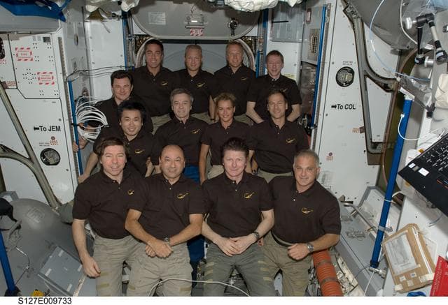 NASA image: STS-127 and Expedition 20 Crewmembers in the Node 2 during Joint Operations