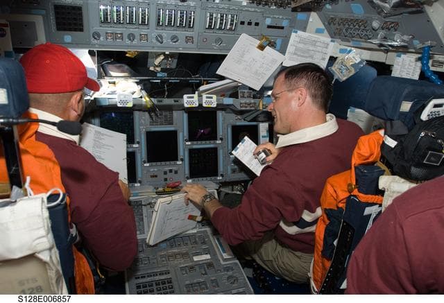 NASA image: Sturckow and Ford on Flight Deck (FD) for Rendezvous OPS