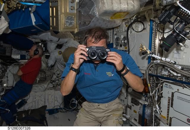 NASA image: Fuglesang in European Laboratory Columbus with ESA 3D Camera