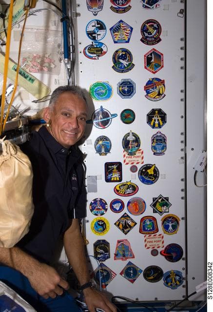 NASA image: Crew with Flight patches in Node 1