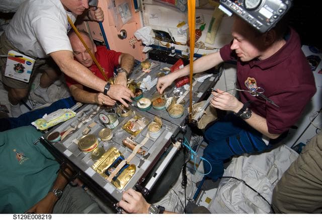 NASA image: Expedition 21/STS-129 Crew Members enjoy a meal in the SM/Zvezda